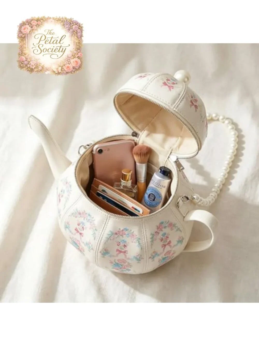 Women PU Leather Floral Crossbody Shoulder Bag Pearl Chain Handbag Purse